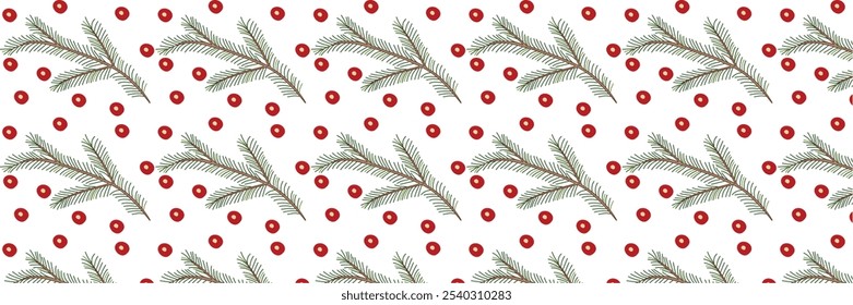 Seamless pattern of coniferous branches and red berries. Winter vector illustration.