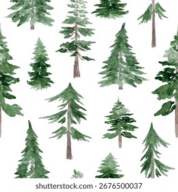 Seamless Pattern With Coniferous Forest, Fir Trees, Pines, Hand-drawn in watercolor. Vector