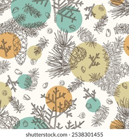 Seamless pattern with conifers: cedar and cone, spruce tree, taxus baccata and thuja plicata. Cosmetics and medical plant. Vector hand drawn illustration.