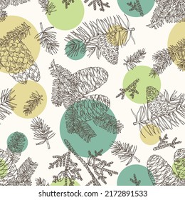 Seamless pattern with conifers: korean fir, thuja plicata, pine tree and spruce tree. Cosmetics and medical plant. Vector hand drawn illustration.