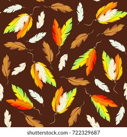 seamless pattern of connected colored feathers on a brown background