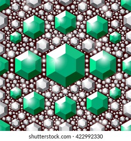 Seamless pattern consist of color crystals. Jewelry pattern. Glamour background. Large and small faceted gemstones with glitter on a dark background.