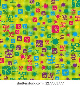 Seamless pattern consisting of abstract elements painted in children colors.
The background pattern consists of small two-colored quadrilateral stars.