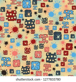 Seamless pattern consisting of abstract elements painted in children colors.
The background pattern consists of small two-colored quadrilateral stars.