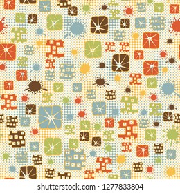 Seamless pattern consisting of abstract elements painted in children colors.
The background pattern consists of small two-colored quadrilateral stars.