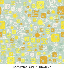 Seamless pattern consisting of abstract elements painted in children colors.
The background texture consists of perforated shapes. Just for editing.