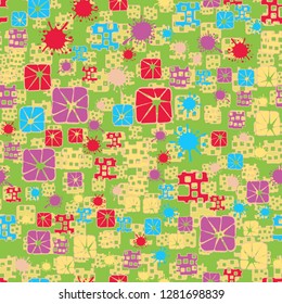 Seamless pattern consisting of abstract elements painted in children colors.
The background texture consists of perforated shapes. Just for editing.