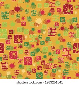 Seamless pattern consisting of abstract elements painted in children colors.
Background consisting of stains drawn by zigzag. Just for editing.