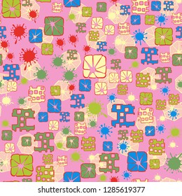 Seamless pattern consisting of abstract elements painted in children colors.
Background consisting of cut heptagon. Just for editing.