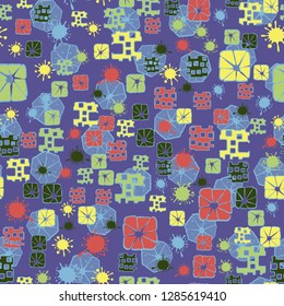 Seamless pattern consisting of abstract elements painted in children colors.
Background consisting of cut heptagon. Just for editing.