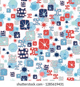 Seamless pattern consisting of abstract elements painted in children colors.
Background consisting of cut heptagon. Just for editing.