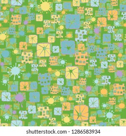 Seamless pattern consisting of abstract elements painted in children colors.
Background consisting of squares cut by a pentagram. Easy to edit.