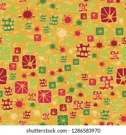 Seamless pattern consisting of abstract elements painted in children colors.
Background consisting of squares cut by a pentagram. Easy to edit.