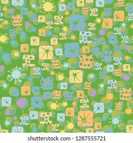 Seamless pattern consisting of abstract elements painted in children colors.
Background consisting of rounded squares with a swirl inside. Easy to edit.