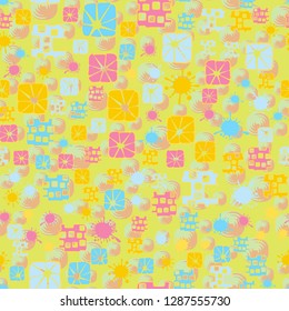 Seamless pattern consisting of abstract elements painted in children colors.
Background consisting of rounded squares with a swirl inside. Easy to edit.