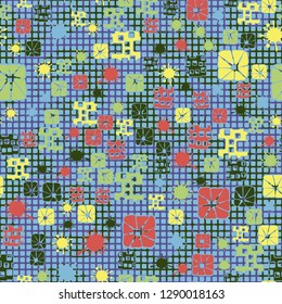 Seamless pattern consisting of abstract elements painted in children colors.
The background consists of squares and circular brush strokes. Easy to edit.