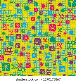 Seamless pattern consisting of abstract elements painted in children colors.
The background consists of squares and circular brush strokes. Easy to edit.