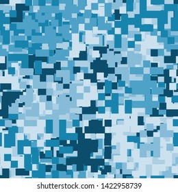 Seamless pattern consisting of abstract figures formed from squares and four-beam stars. Shades of ice and blue. Editable.