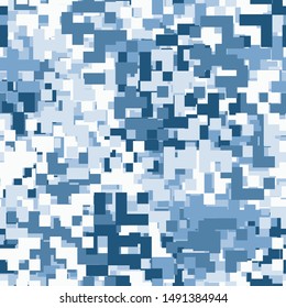 Seamless pattern consisting of abstract figures formed from squares and four-beam stars. Shades of ice and blue. Editable.