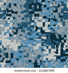 Seamless pattern consisting of abstract figures formed from squares and four-beam stars. Shades of ice and blue. Editable.