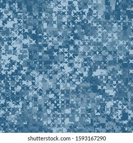 Seamless pattern consisting of abstract figures formed from squares and four-beam stars. Shades of ice and blue. Editable.