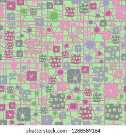 Seamless pattern consisting of abstract  geometric elements painted in children colors. The background consists of a grid. Easy to edit.