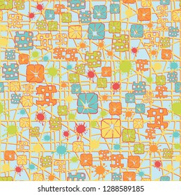 Seamless pattern consisting of abstract  geometric elements painted in children colors. The background consists of a grid. Easy to edit.