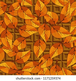 A seamless pattern consisting of autumn foliage, against a pseudo-relief texture consisting of square frames.