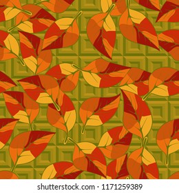 A seamless pattern consisting of autumn foliage, against a pseudo-relief texture consisting of square frames.