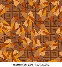 A seamless pattern consisting of autumn foliage, against a pseudo-relief texture consisting of square frames.