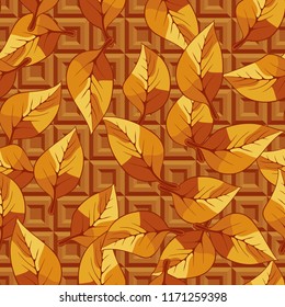 A seamless pattern consisting of autumn foliage, against a pseudo-relief texture consisting of square frames.