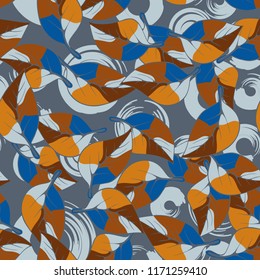 A seamless pattern consisting of autumn foliage, against a background of round strokes.