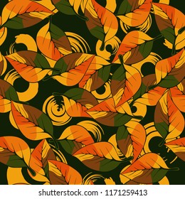 A seamless pattern consisting of autumn foliage, against a background of round strokes.