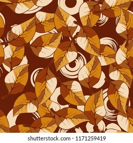 A seamless pattern consisting of autumn foliage, against a background of round strokes.