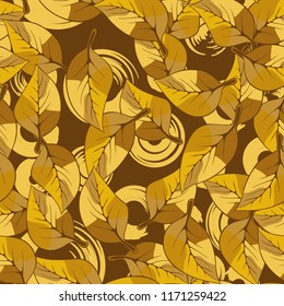 A seamless pattern consisting of autumn foliage, against a background of round strokes.