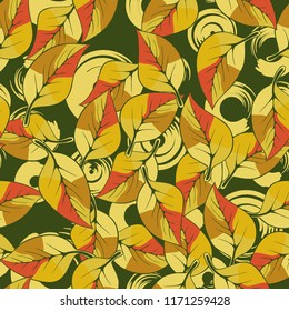 A seamless pattern consisting of autumn foliage, against a background of round strokes.