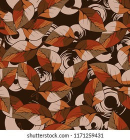 A seamless pattern consisting of autumn foliage, against a background of round strokes.