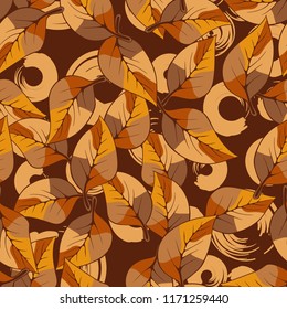 A seamless pattern consisting of autumn foliage, against a background of round strokes.