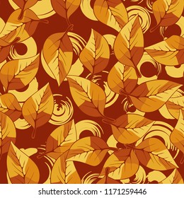 A seamless pattern consisting of autumn foliage, against a background of round strokes.