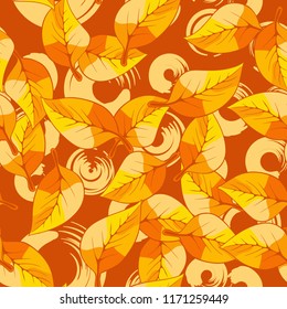 A seamless pattern consisting of autumn foliage, against a background of round strokes.