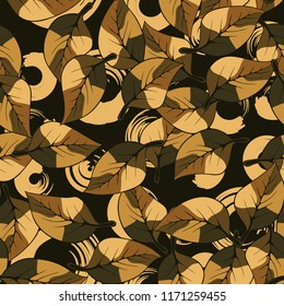 A seamless pattern consisting of autumn foliage, against a background of round strokes.