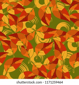 A seamless pattern consisting of autumn foliage, against a background of round strokes.