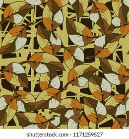 A seamless pattern consisting of autumn foliage, against a backdrop of chaotic lines.