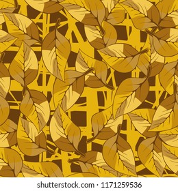 A seamless pattern consisting of autumn foliage, against a backdrop of chaotic lines.