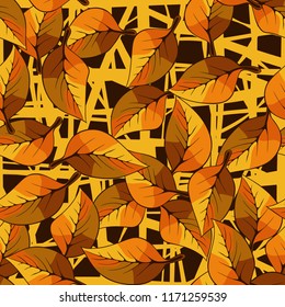 A seamless pattern consisting of autumn foliage, against a backdrop of chaotic lines.