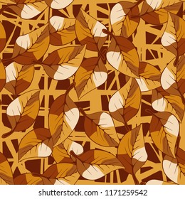 A seamless pattern consisting of autumn foliage, against a backdrop of chaotic lines.
