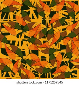 A seamless pattern consisting of autumn foliage, against a backdrop of chaotic lines.