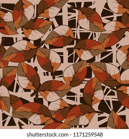A seamless pattern consisting of autumn foliage, against a backdrop of chaotic lines.