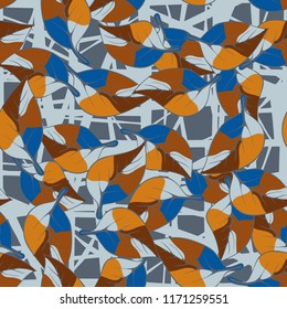 A seamless pattern consisting of autumn foliage, against a backdrop of chaotic lines.