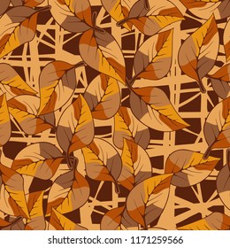 A seamless pattern consisting of autumn foliage, against a backdrop of chaotic lines.